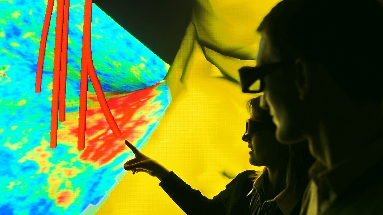 Seismic image displaying well trajectories showing how different sources of subsurface data can be integrated