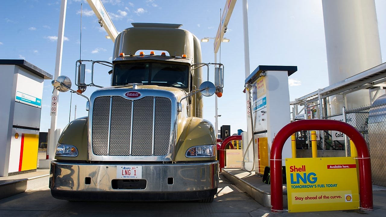 A truck getting ready to fuel at Shell's LNG fuelling station