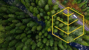 Arial of a river and a white truck on a road in a pine forest with an outline of the Respecting nature graph