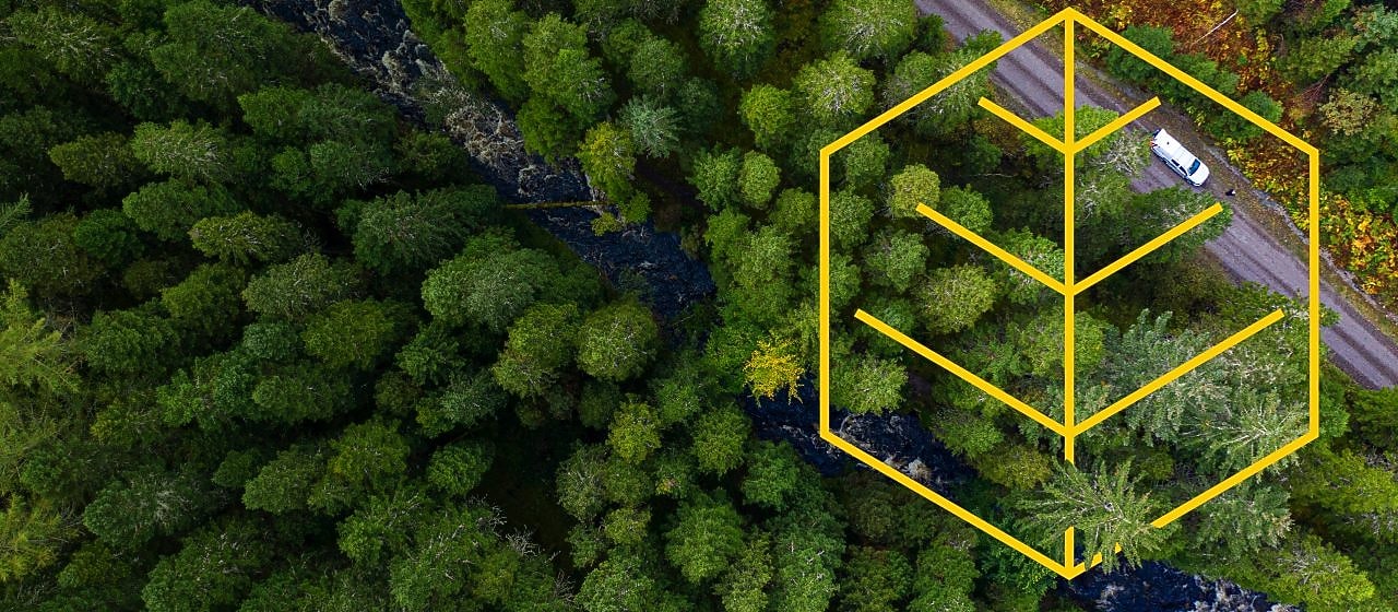 Arial of a river and a white truck on a road in a pine forest with an outline of the Respecting nature graph