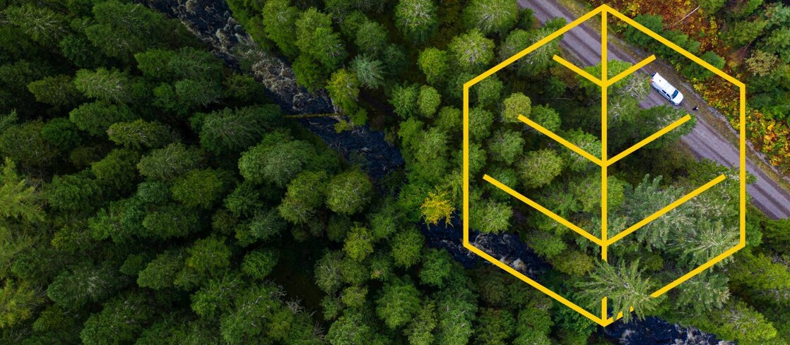 Arial of a river and a white truck on a road in a pine forest with an outline of the Respecting nature graph
