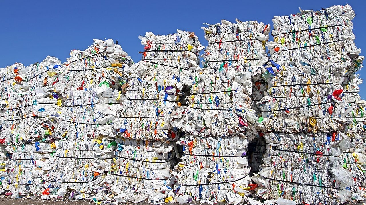 Stacks of plastic bags in a waste facility