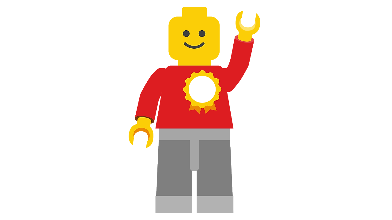 Graphic of a Lego man with his hand raised in joy